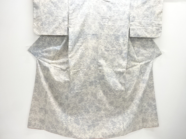 アンティーク　流水に草花模様織出し手織り真綿紬着物